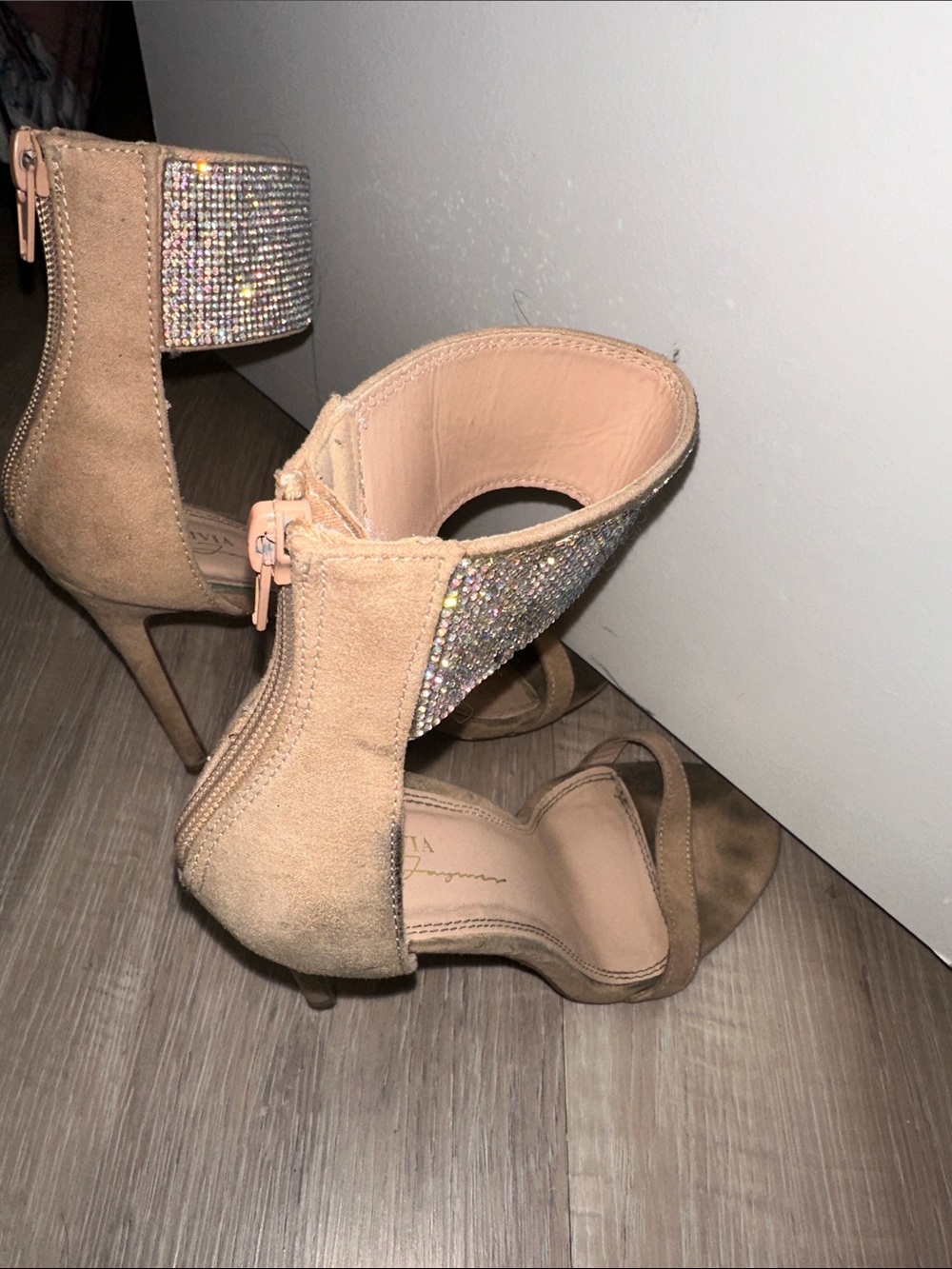 Ollio Nude Tan Heeled Sandals with Crystal Embellished Ankle Cuff